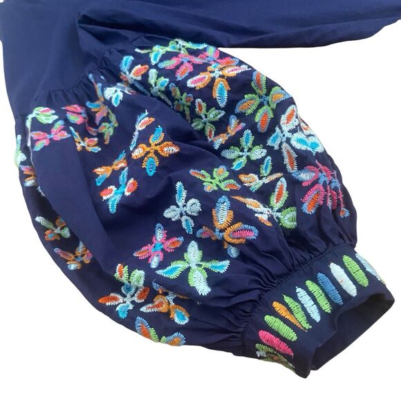 Maeve Sonja Anthropologie Top Blouse Size 4 Blue Embroidery Puffed Sleeves - Picture 5 of 10